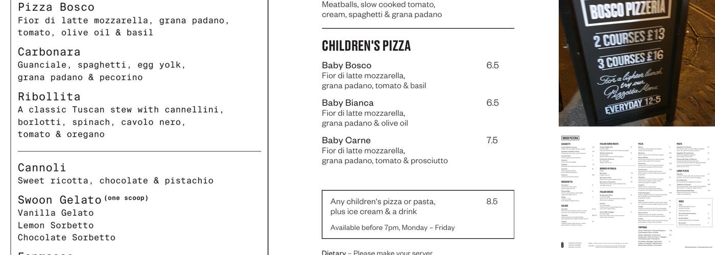 Bosco Pizzeria Menu