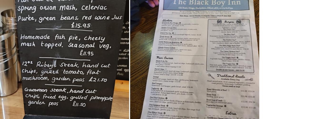 Black Boy Inn, Heage Menu