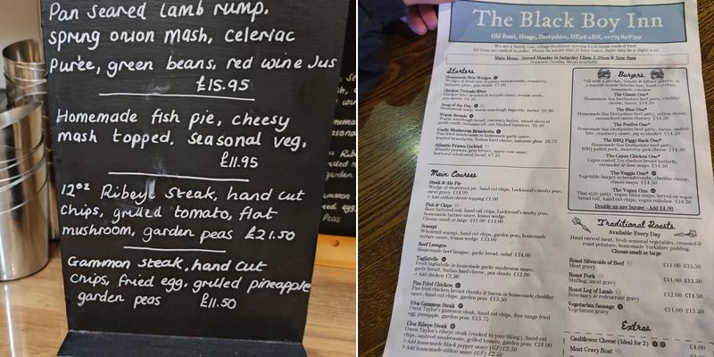 Black Boy Inn, Heage Menu
