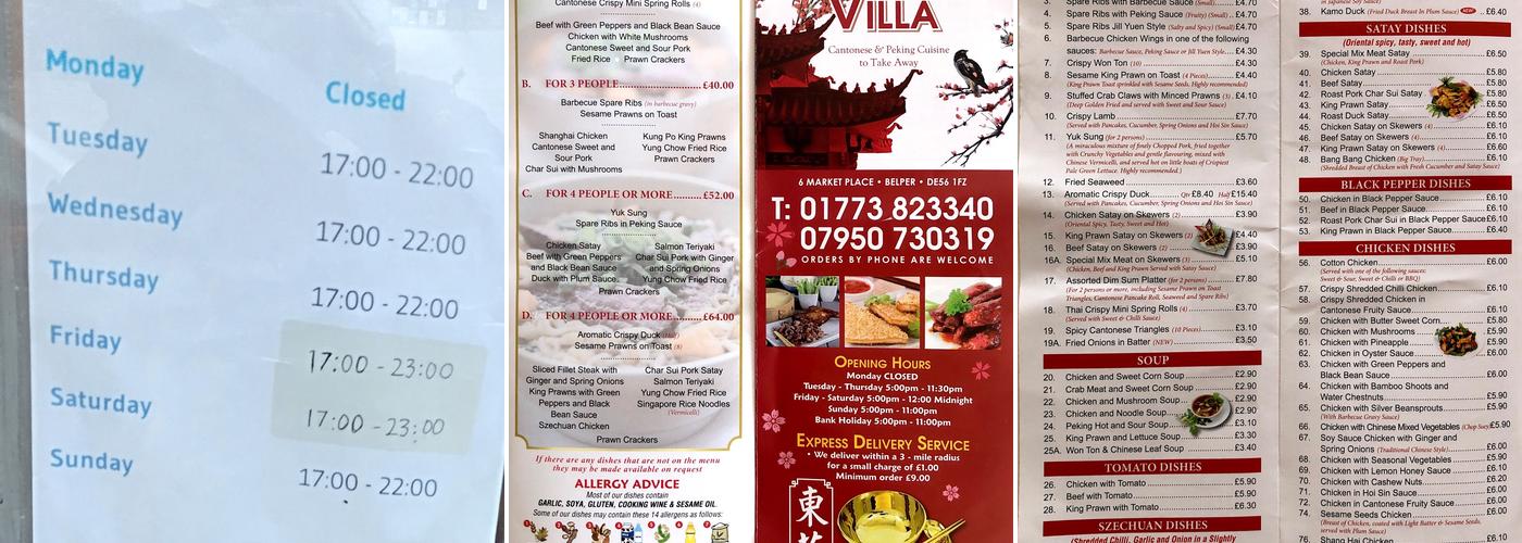 Oriental Villa Menu