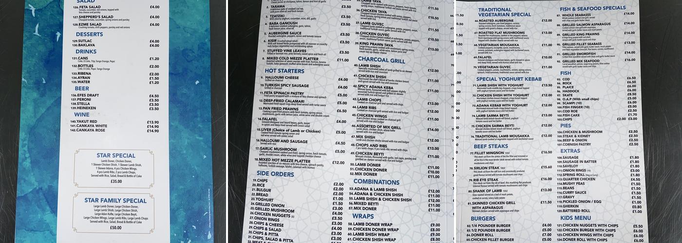 Star Fish & Chips Kebab Menu