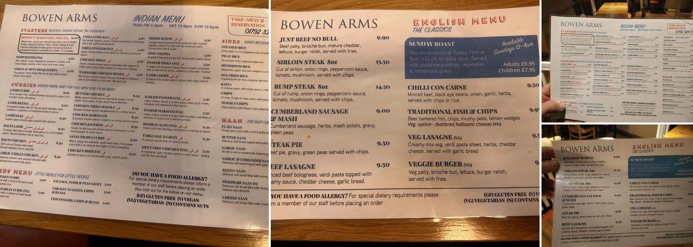 Bowens Arms Menu
