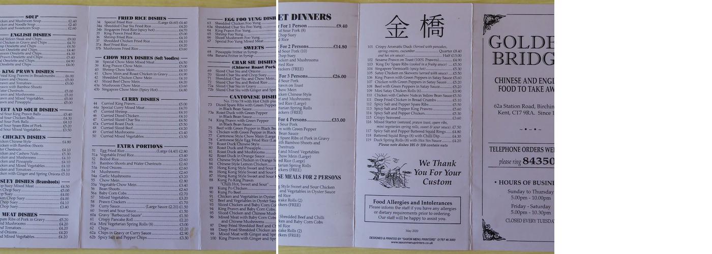 Golden Bridge Menu