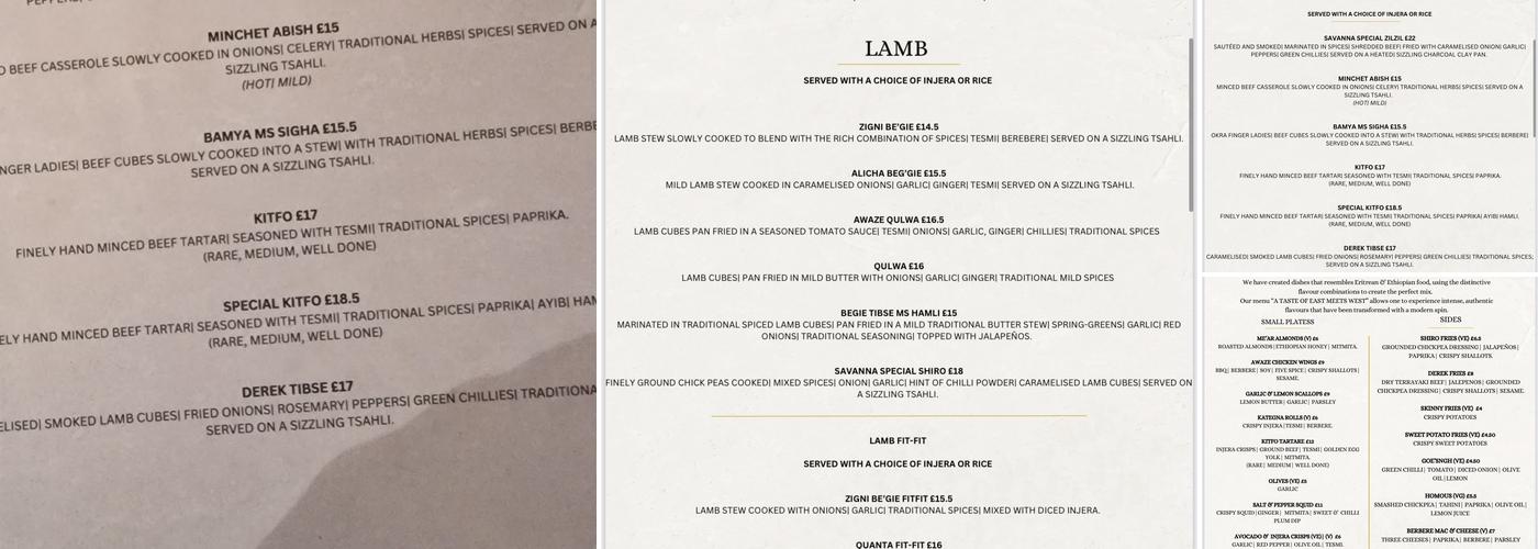 Savanna Restaurant Menu