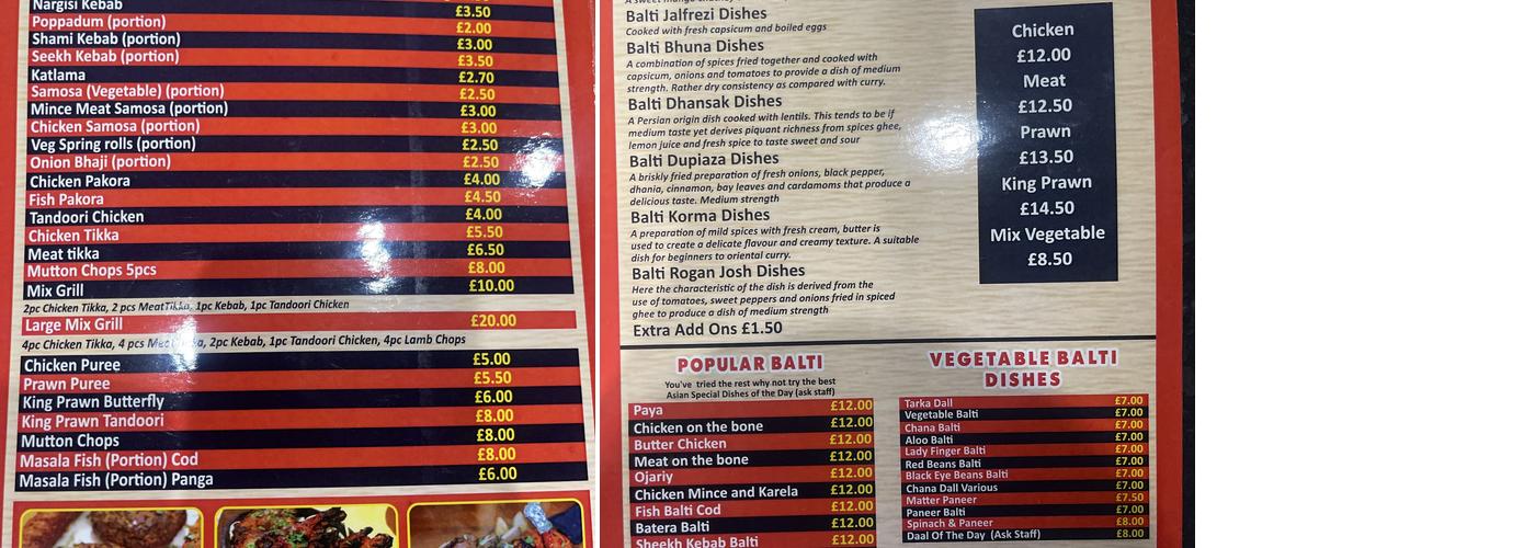 Popular Balti Tandoori Menu
