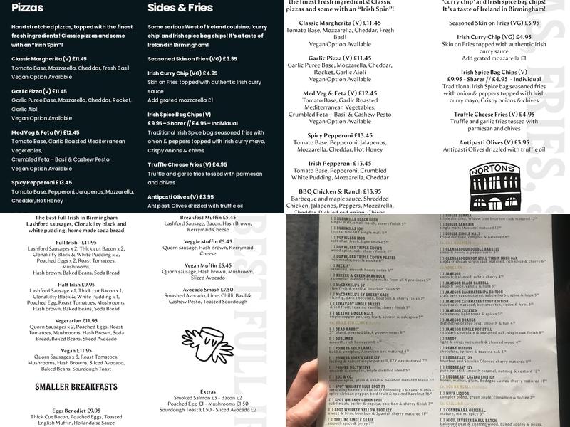 Nortons Digbeth Menu