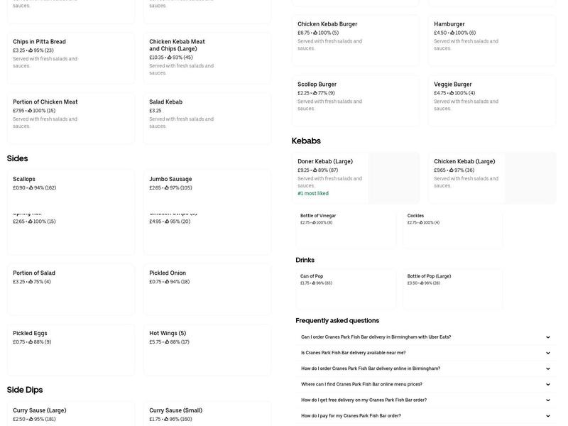 Cranes Park Fish Bar Menu