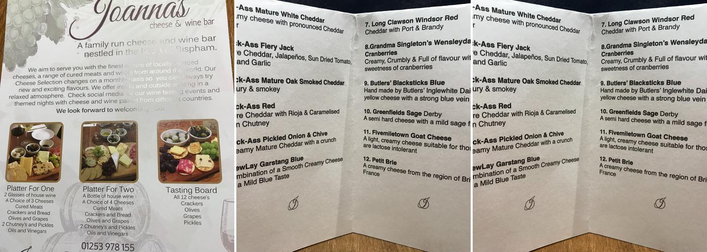 Joanna's Cheese and Wine Bar Menu