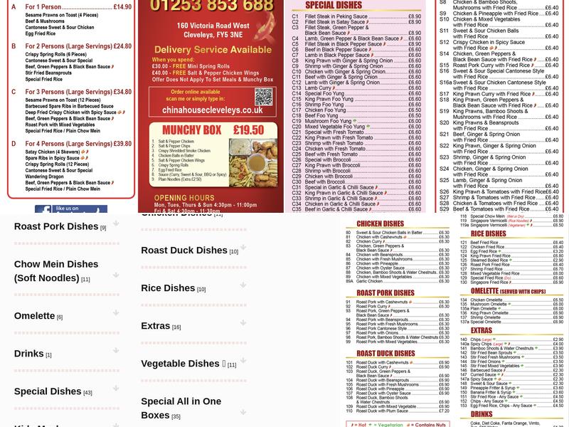 China house Cleveleys Menu