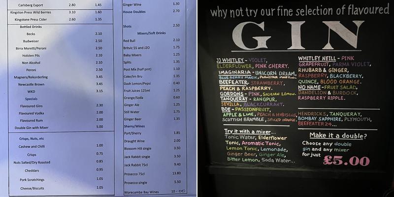 Bispham Conservative Club Menu