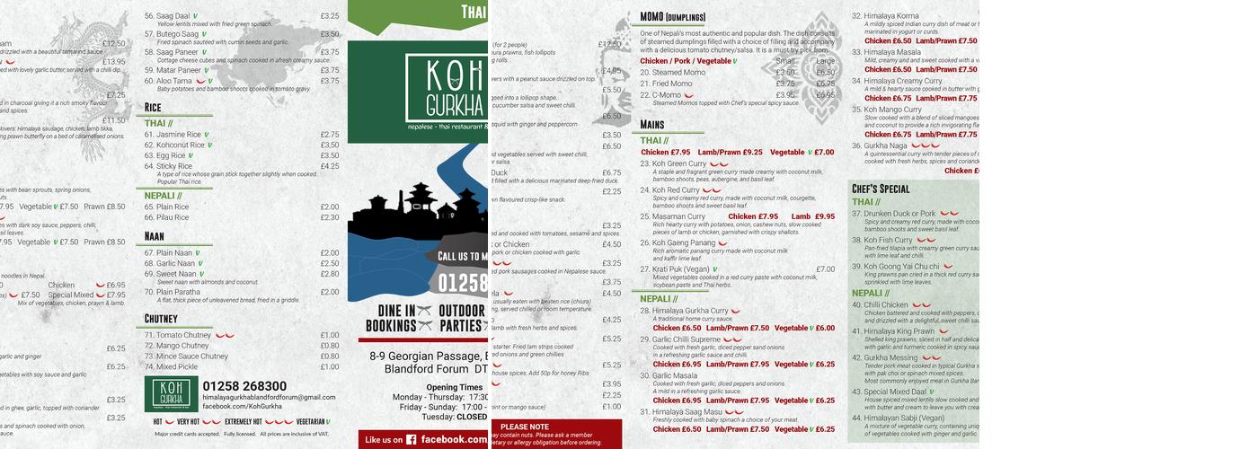 Koh Gurkha (Blandford Forum) Menu