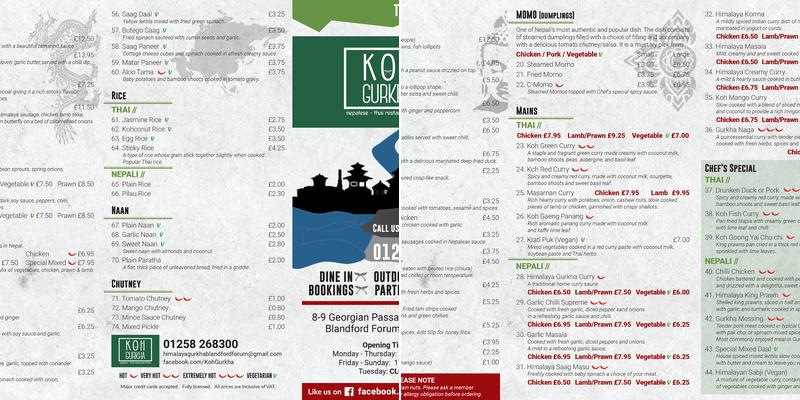 Koh Gurkha (Blandford Forum) Menu