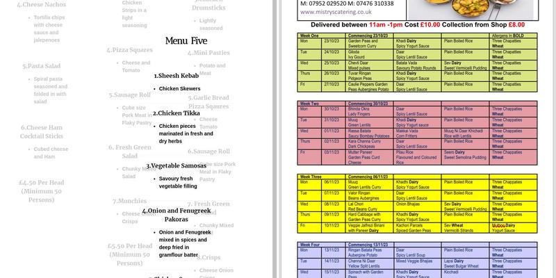 mistrys catering Menu