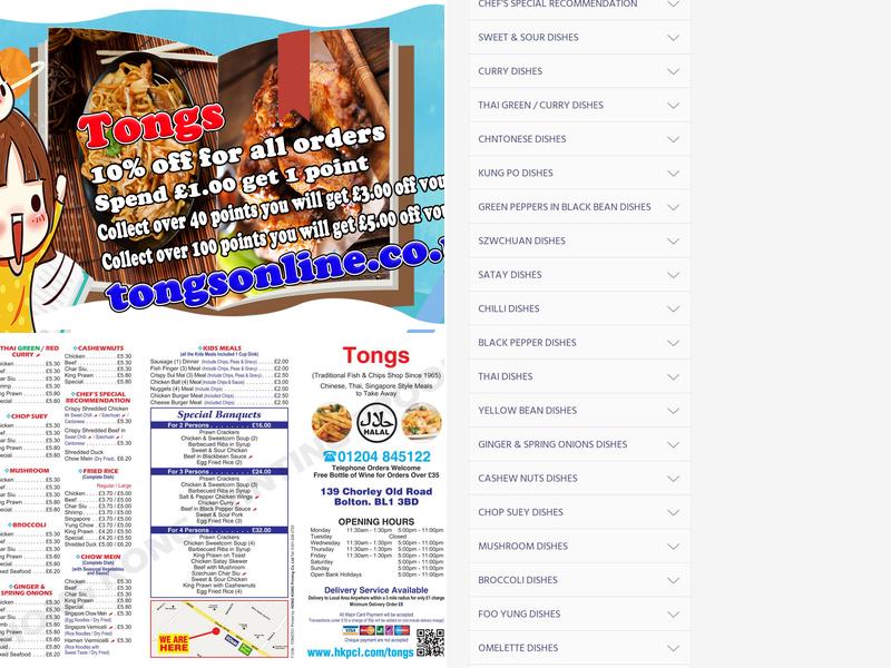 TONGS Chinese And Thai Takeaway Menu