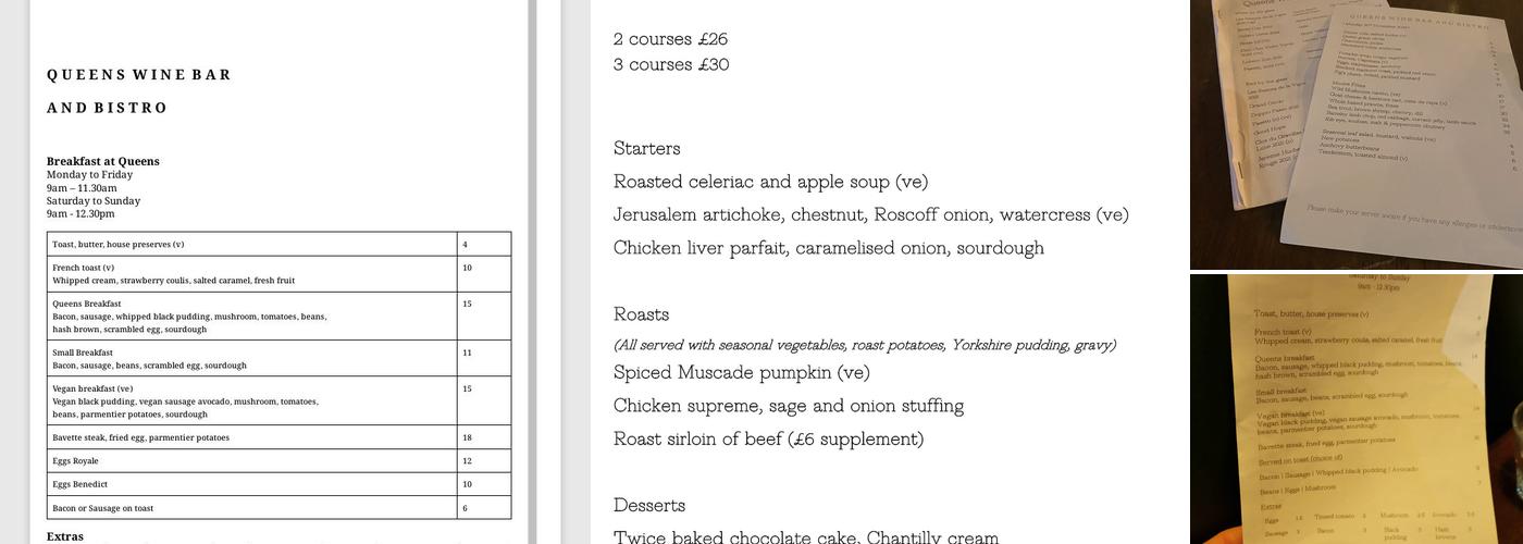 Queens Wine Bar and Bistro Menu