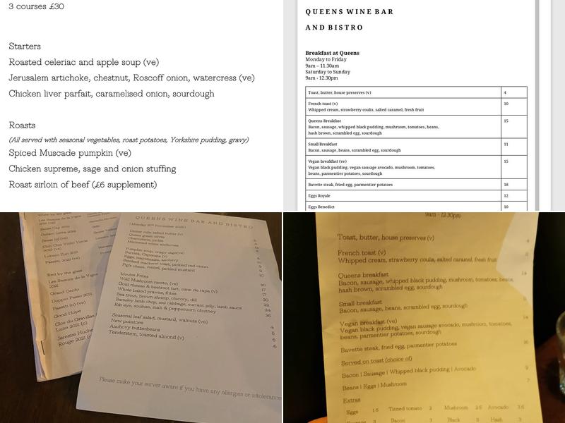 Queens Wine Bar and Bistro Menu