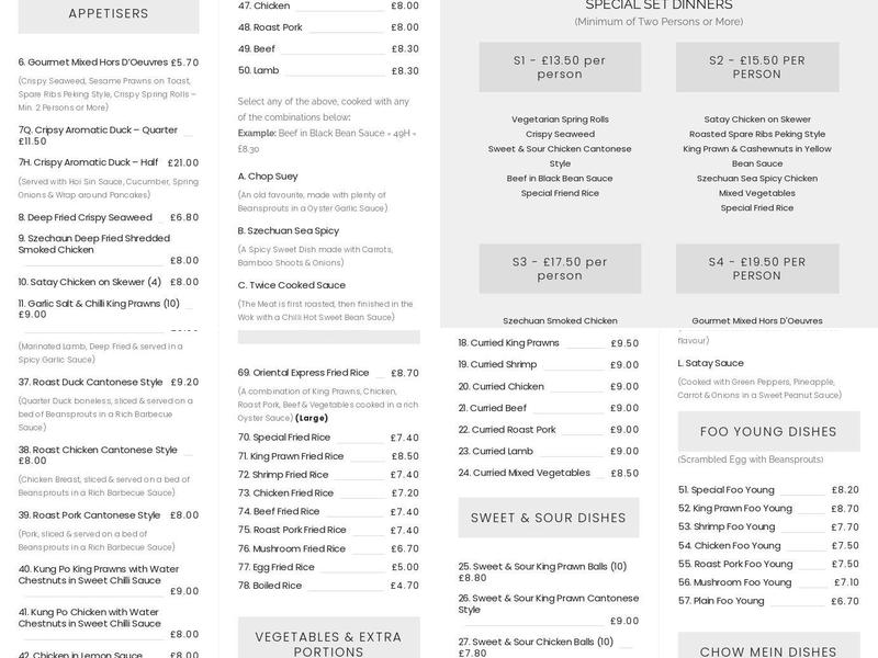 Oriental Express Menu