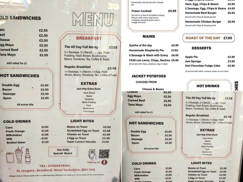Full Monty Cafe bradford bd1 1sq Menu