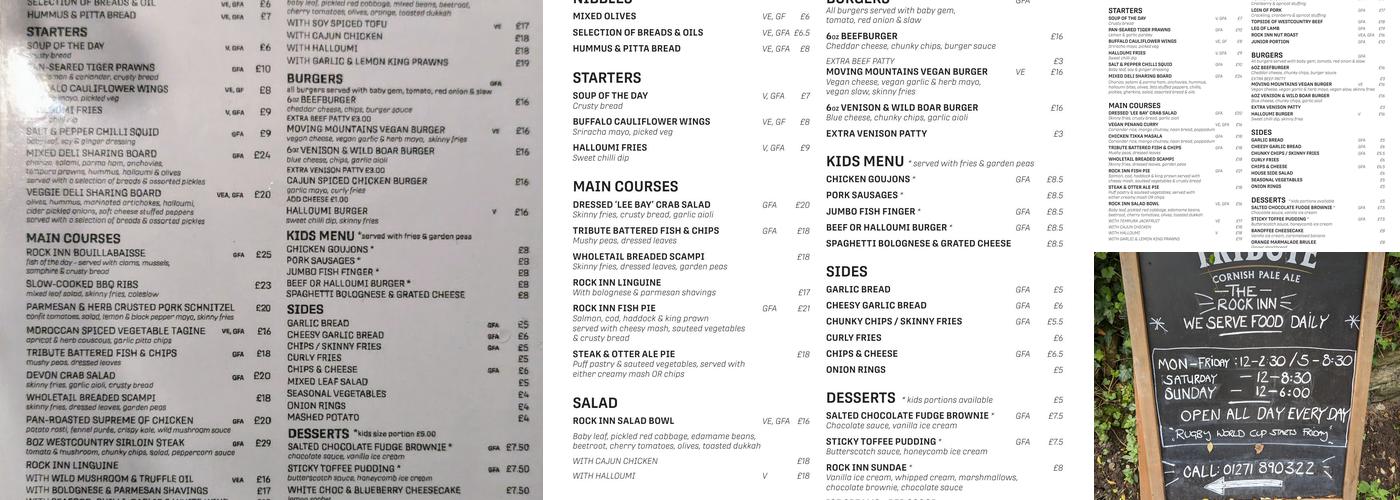 The Rock Inn Menu