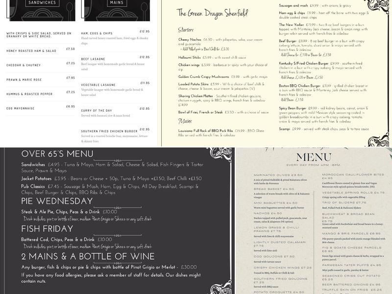The Green Dragon Shenfield Menu