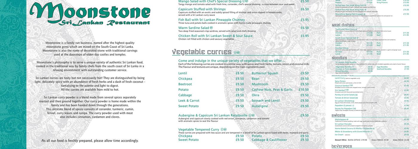 Moonstone Sri Lankan Restaurant in Hove Menu