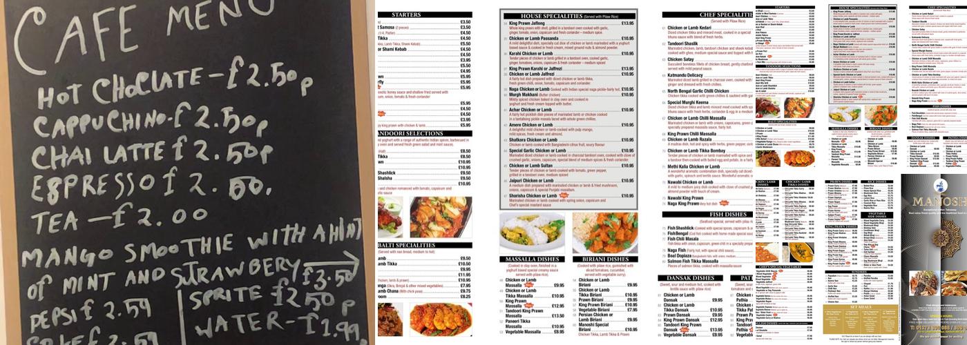 Manoshi Indian takeaway and restaurant Menu