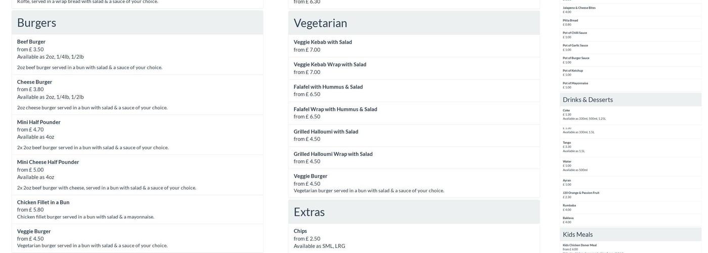 Seven Stars Kebab Menu