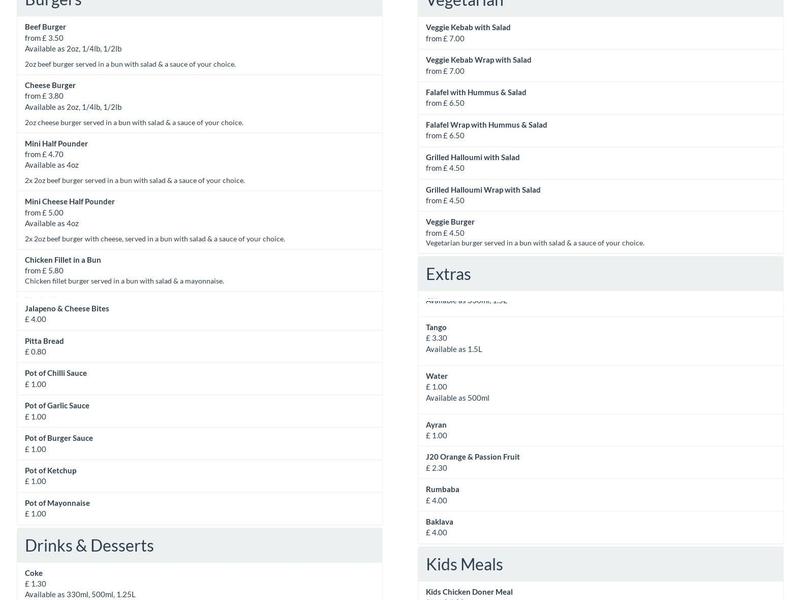 Seven Stars Kebab Menu