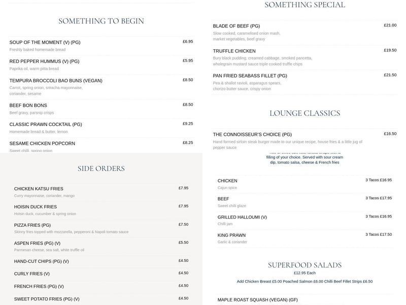 The Lounge, Crow Wood Menu