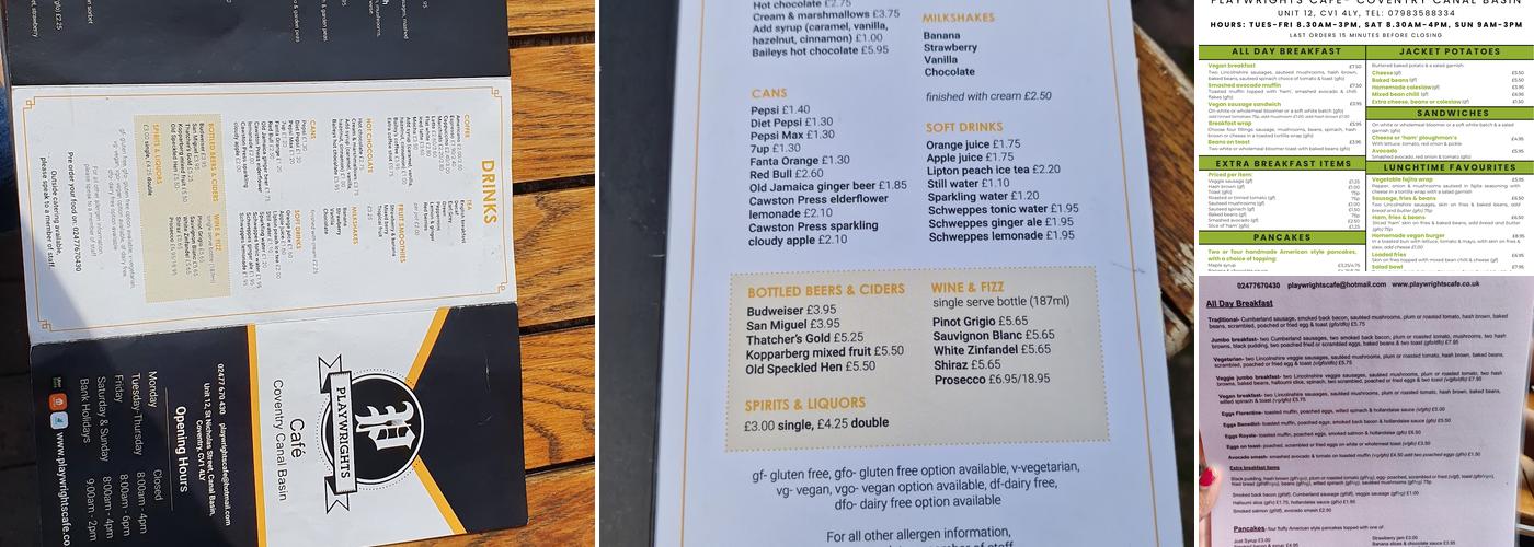 Playwrights Cafe - Coventry Canal Basin Menu