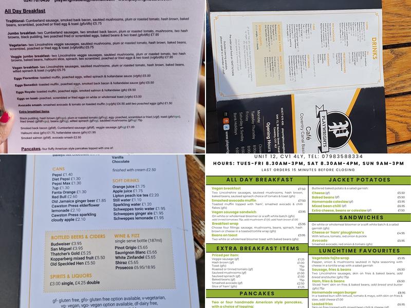 Playwrights Cafe - Coventry Canal Basin Menu