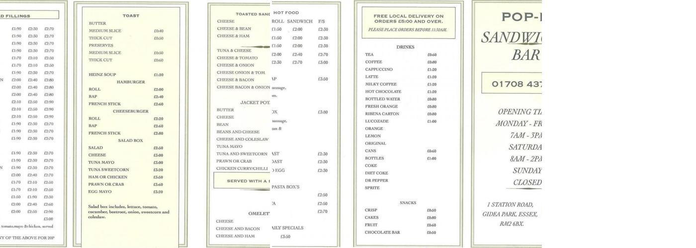 Pop-In Sandwich Bar Menu