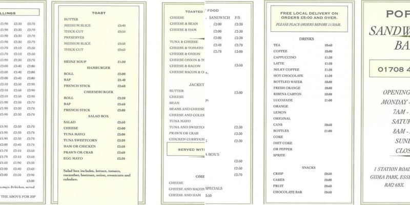 Pop-In Sandwich Bar Menu