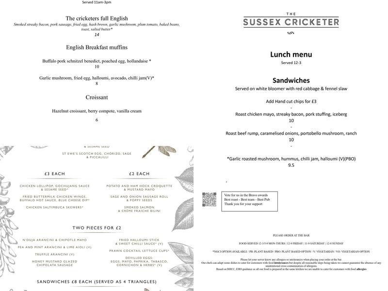 The Sussex Cricketer Menu