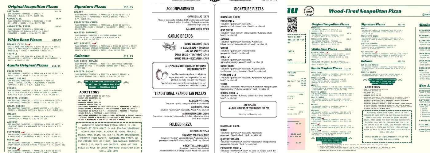 Aquila Wood Fired Neapolitan Pizza Menu