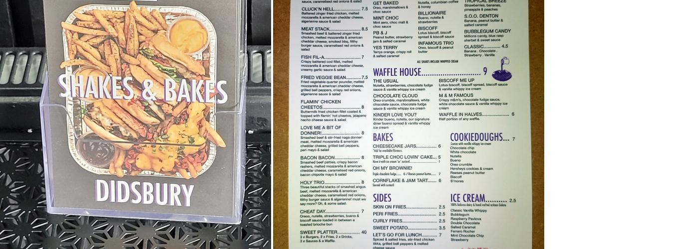 Shakes & Bakes Didsbury By Sweet Diner Menu