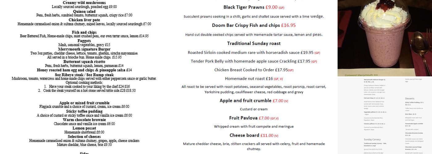The Cotswold Merrymouth Inn - 13th Century Coaching Inn Menu