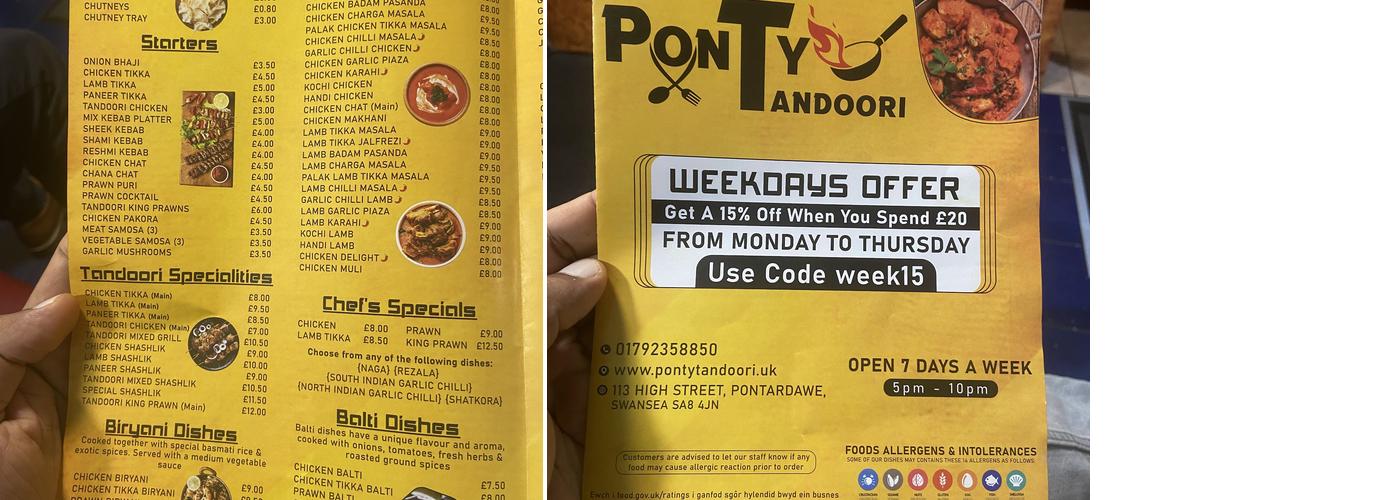 Ponty Tandoori (Swansea) Menu