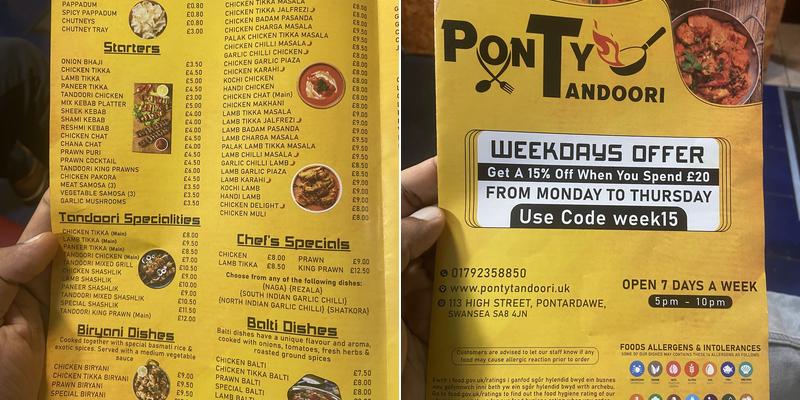 Ponty Tandoori (Swansea) Menu