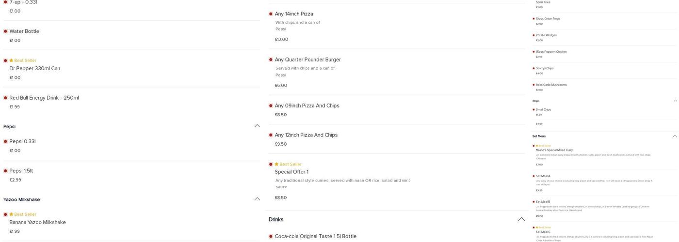 Milano's Italian & Pizza Takeaway Menu