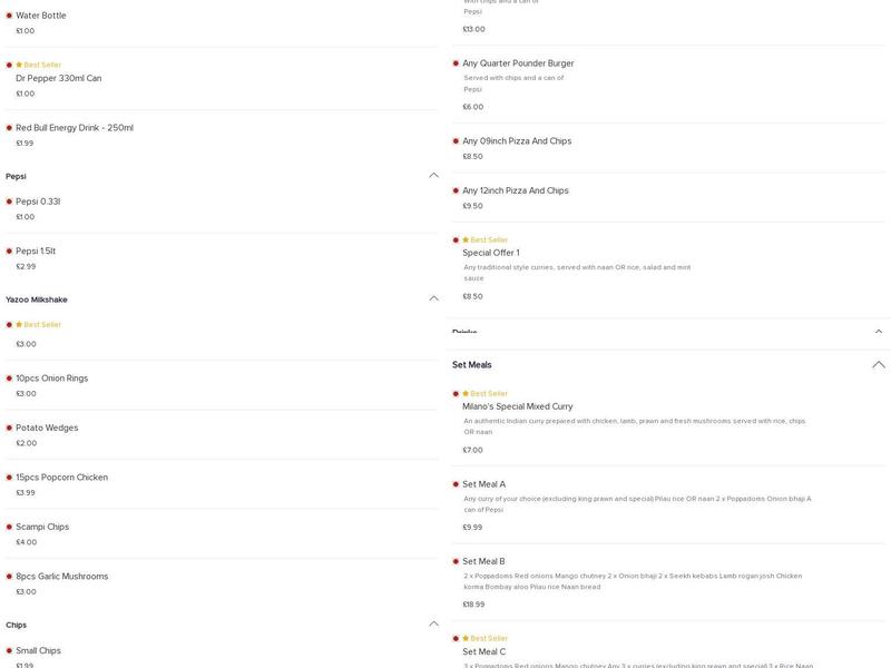 Milano's Italian & Pizza Takeaway Menu