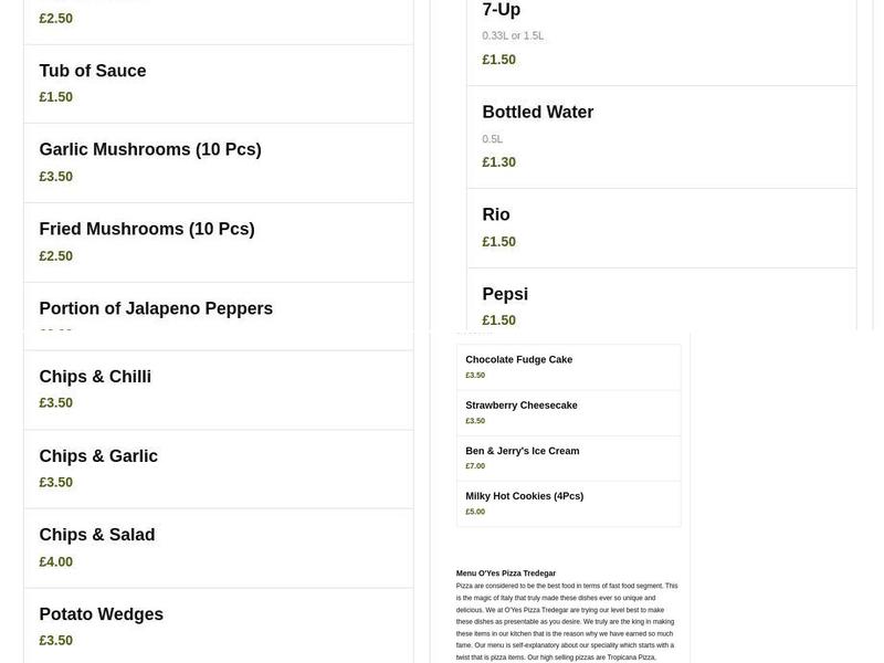O'Yes Pizza Tredegar Menu