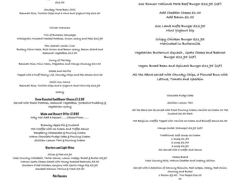 White Horse Inn Menu