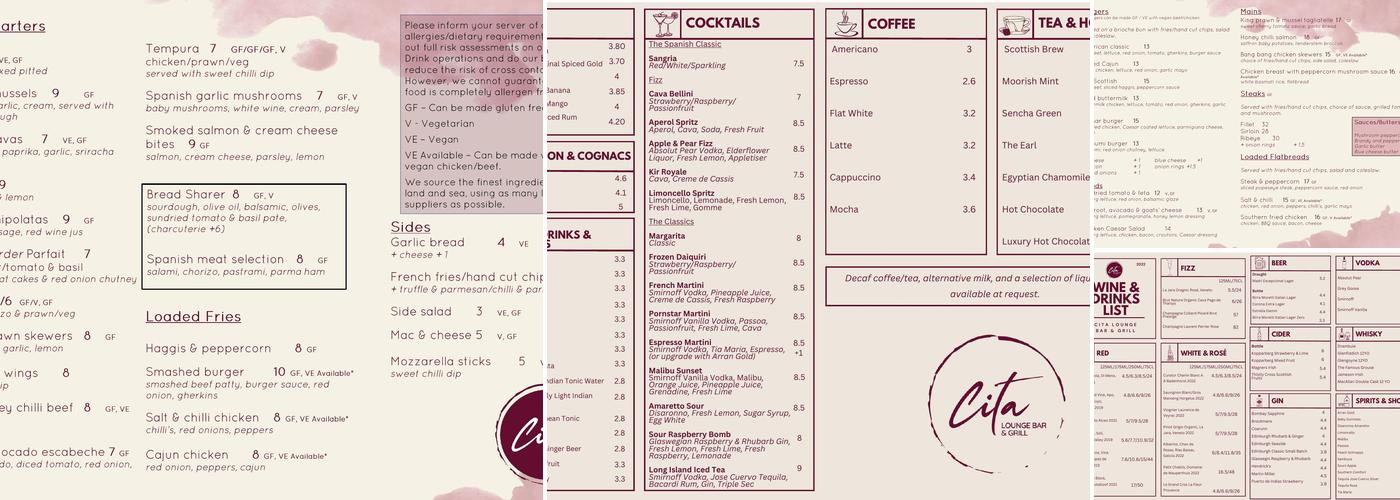 Cita Bar and Grill Menu