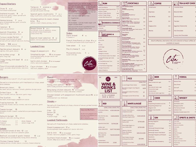 Cita Bar and Grill Menu