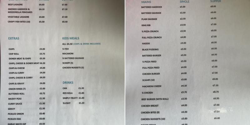 The Frying Scotsman Wigtown Menu