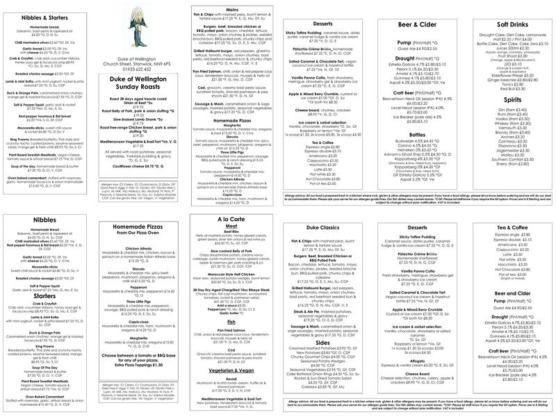 Duke of Wellington Menu
