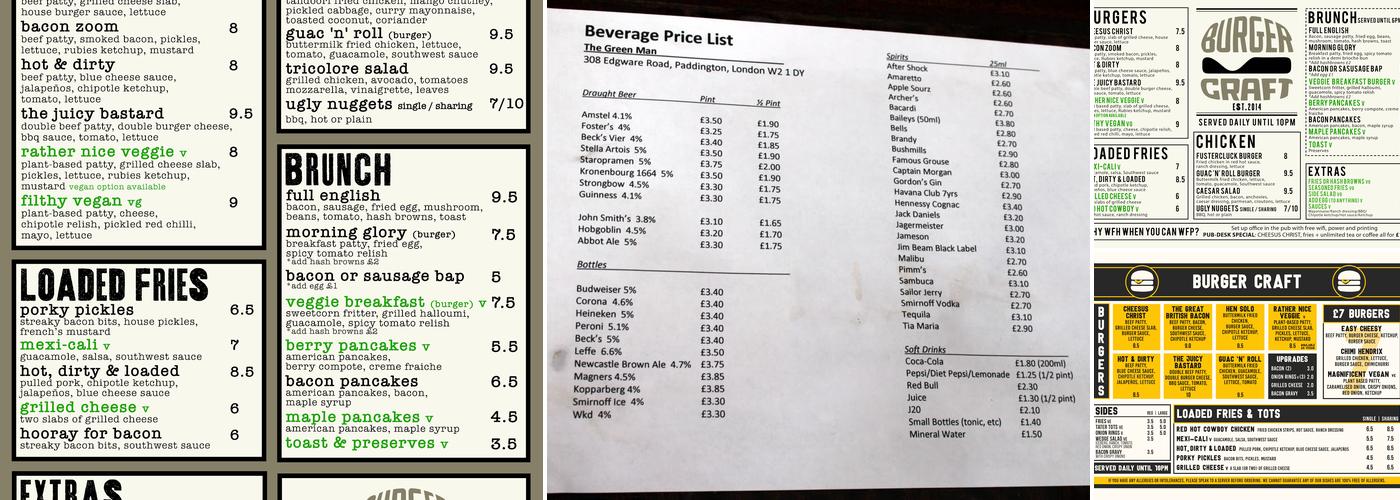 The Green Man, Paddington (PUBLOVE) Menu