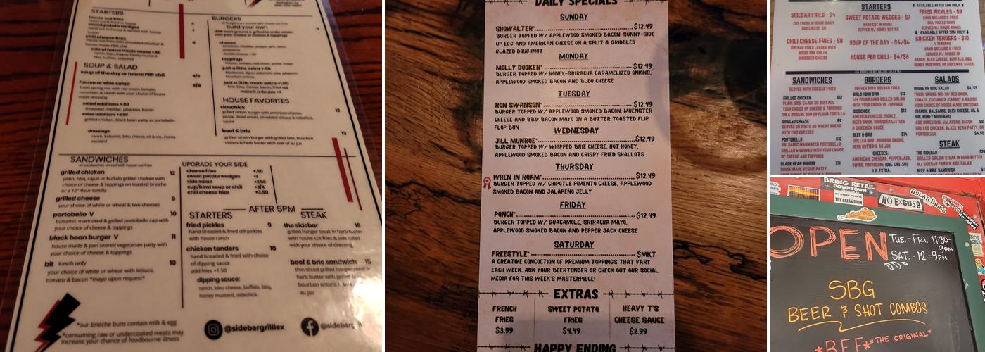 Sidebar Grill Menu
