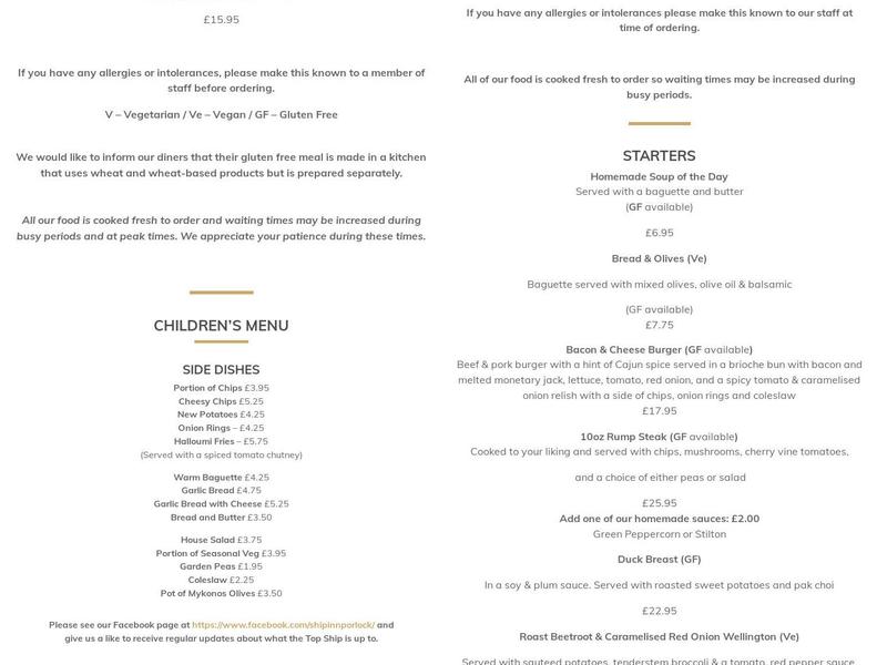 The Ship Inn Menu
